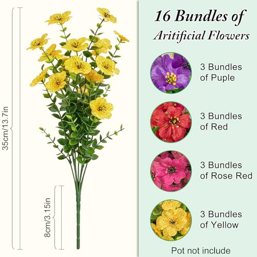 Artificial Flowers for Outdoors Decoration for UV Resistant Silk,16 Bundles | Artificial Violet Flowers for Spring Outdoor Decor, Realistic Fake Plants for Porch,Garden,Window Box,Vase Mix 4 Colors - color: Red Rose Yellow Purple