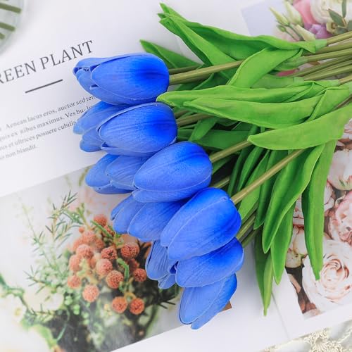 Beferr 18pcs Tulips Artificial Flowers Faux Tulip Real Touch Fake Flowers Bouquets Arrangements for Mothers Day Easter Spring Flowers Gifts Home Table Decor Blue - color: R-18pcs-1colors-blue, size: 18PCS