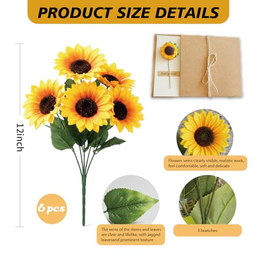 6 Pack Artificial Sunflower with Stem and Big Head Fake Silk Flowers Bulk + Greeting Cards, Faux Sunflower Bouquet for Birthday Gift, Mother's Day Decor - color: 6pack-short