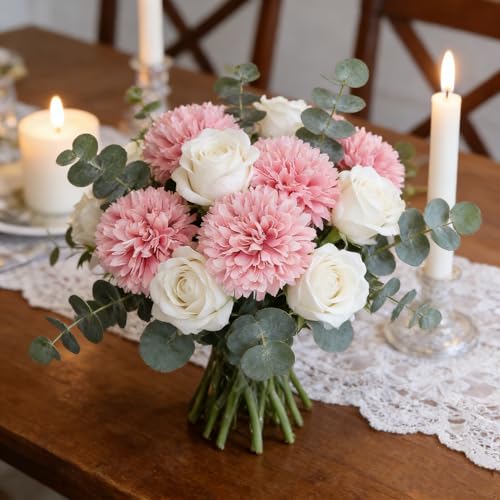 Kimura's Cabin 20Pcs Fake Chrysanthemums Artificial Flowers Silk Faux Mums Flower with Stem Ball Flowers for Wedding Bouquets Party Arrangement Home Kitchen Table DIY Decoration (Pink) - color: Dark Pink Colour