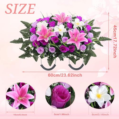 Cemetery Flower Saddle - Grave Flowers for Cemetery,Artificial Rose, Lily & Orchid Arrangement for Headstone - All-Weather Grave Decor for Outdoor Tombstone Headstone Decorations (Purple) - color: Purple