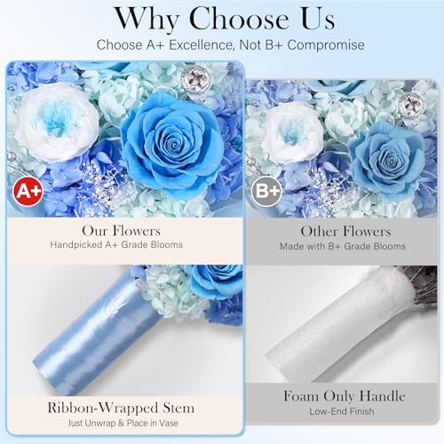 Preserved Flowers Bouquet with Bear, Real Forever Flowers for Delivery, Long-Lasting Blue Eteranl Roses Bouquet, Anniversary Birthday Gifts for Women Mom Her Girlfriend Wife - color: Blue