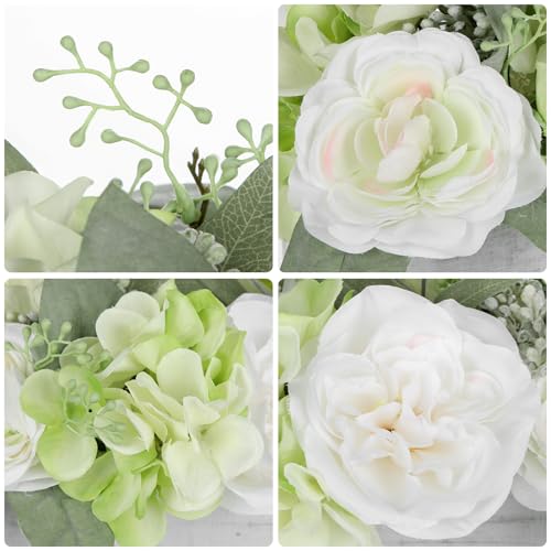 DILATATA Flower Arrangement with Wooden Vase 10" Artificial Flowers in Pot - Fake Flowers in White Rectangular Wooden Vase Potted Faux Flower Centerpieces for Table Decor Living Room - White - color: 10"l White