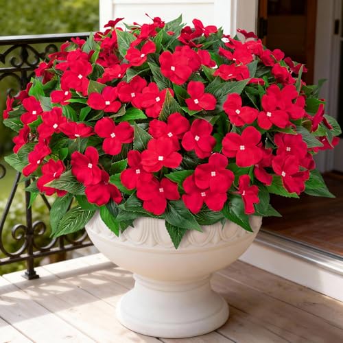 Artificial Flowers for Outdoors Decorations, 6 Bundles Realistic Impatiens Silk Faux Flowers UV Resistant Fake Plants for Outside Pot Patio Garden Porch Planters Window Box Balcony Indoor Home Decor - color: Red