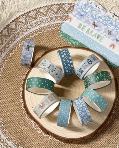 Boho Washi Tape Set 10 Rolls Cute Masking Graphic Floral Pattern Decorative Tapes for Arts, DIY Crafts, Journals, Planners, Scrapbook, Wrapping (Cool) - color: Cool