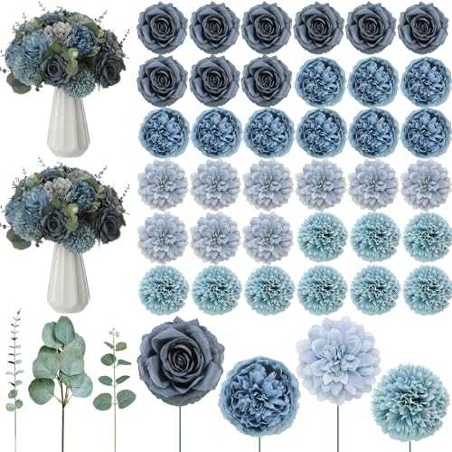 Suncalla 98 Pcs Artificial Flowers Bouquet Assorted Faux Flowers Heads with Stem Eucalyptus Leaves Silk Floral Table Centerpiece for DIY Wedding Party Wreath Home Decor(Dusty Blue) - color: Dusty Blue