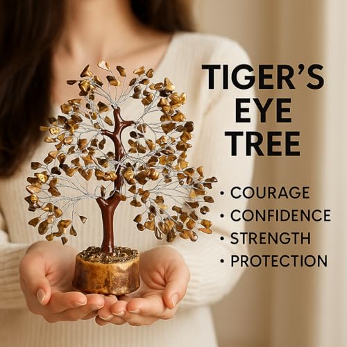 Crystal Tree of Life - tiger eye silver Healing Crystal for Home & Office Decor | Handmade Gemstone Money Tree for Positive Energy, Good Luck & Wealth | Spiritual Birthday Gift for Women & Mom - color: Tiger Eye Silver Wire