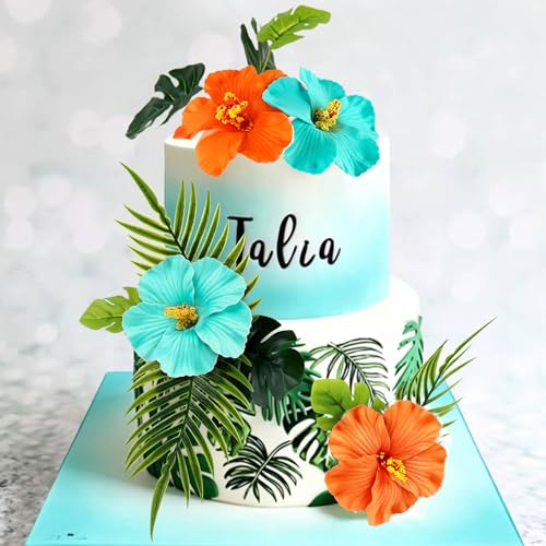 10PCS Artificial Hibiscus Flower Cake Toppers Hawaii Orange Blue Hibiscus Cake Decors for Hawaii Theme Birthday Bridal Engagement Wedding Floral Cake Picks Summer Holiday Party Decoration - color: Orange Blue