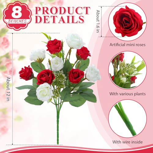 Zeyune 8 Pack Artificial Mini Red and White Roses, 12 Inch Fake Flowers with Stems, 80 Small 1.6 Inch Flower Heads, Silk Mini Rose Bouquets for Wedding Centerpieces, Bridal Bouquets, Home Party Decor - color: Red and White