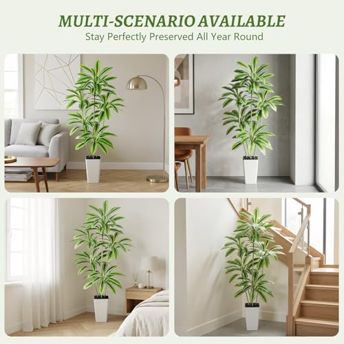 Artificial Yellow Dracaena Tree, 6FT Artificial Plants Indoor with White Tall Planter, Faux Yucca Silk Tree Fake Tropical Floor Plant in Pot, Fake Plants for Home Room Office Entryway Porch Decor - color: White-yellowleaf, size: 6FT
