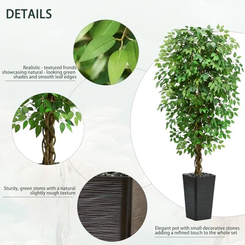 7FT Artificial Ficus Tree, 84 Inch Realistic Faux Silk Ficus Floor Plant with Black Planter & Pebbles, Tall Fake Potted Tree for Indoor Home Office Living Room Corner Decor - color: Black, size: 7 ft