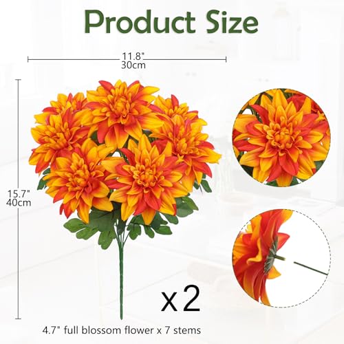 Hollyone 2Pcs Orange Artificial Dahlia Flowers Bush 7 Heads Silk Fake Dahlias Flowers with Stems Wedding Bouquets Faux Dahlia Flowers Arrangements for Outdoor Indoor DIY Table Centerpieces Home Decor - color: 2pcs - Orange