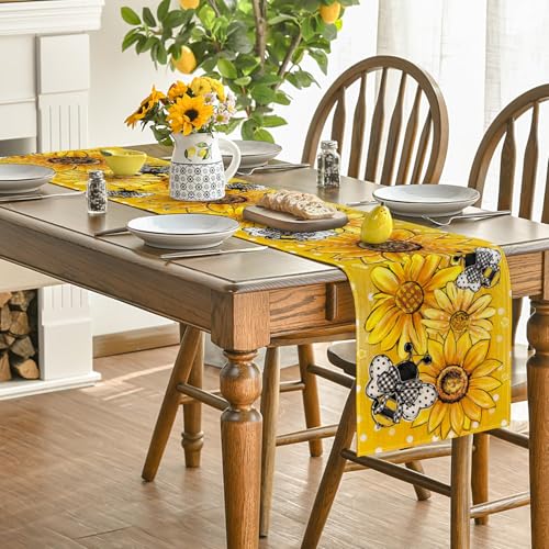 Artoid Mode Yellow Sunflower Bee Flower Polka Dot Summer Table Runner, Seasonal Kitchen Dining Table Decoration for Indoor Party Home 13x72 Inch - color: Yellow, size: 13" x 72", Table Runner