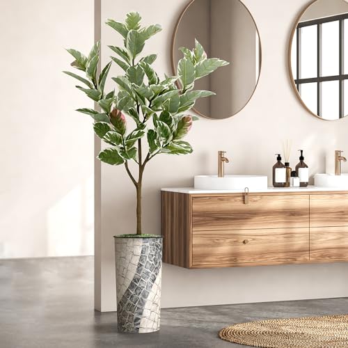 Artificial Tree in Geometric Pattern Planter, Fake Rubber Silk TRE for Indoor and Outdoor Home Decoration - 70" Overall Tall (Plant Pot Plus Tree) - style: Rubber