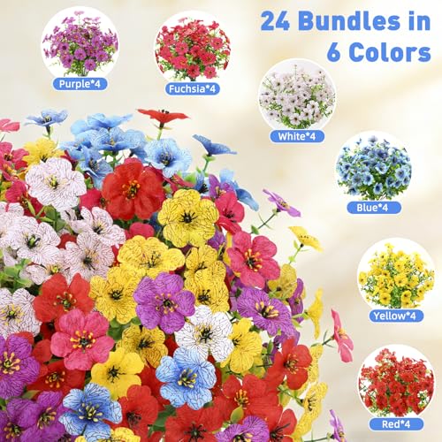 24 Bundles Artificial Flowers for Outdoors, UV Resistant Faux Flowers for Outdoor Planters, Fake Flowers for Outside Porch Patio Window Box, Mixed Color Daisy Bushes for Garden Decor(MUL) - color: Red + Purple + Blue + Yellow + Rose Red + White