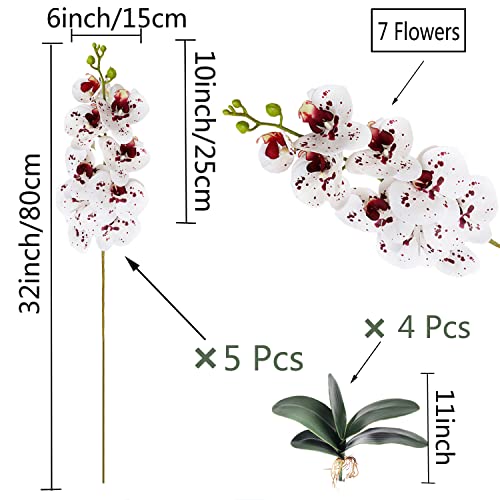 HinyoCo 5 Pcs Artificial Orchid Flowers and 4 Bundles Leaves, Artificial Phalaenopsis Flowers 32 Inch Stem Plants for Home Wedding Decoration (White with Spots) - color: White With Spots