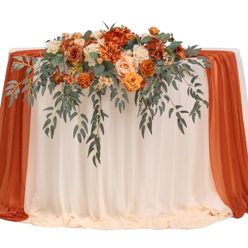 TINGE TIME Artificial Sweetheart Flower Swag with Tablecloth and Table Runner, Pack of 3 Floral Arrangement for Autumn Wedding Sweetheart Table Centerpiece Fall Decoration (Terracotta) - color: Terracotta