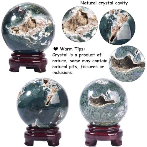 Large Moss Agate Crystal Sphere Natural Healing Crystal Ball with Stand Meditation Decorative Balls Home Decor 100-110mm/3.9-4.3" - color: Moss Agate, size: 3.9 - 4.3 inches