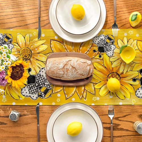 Artoid Mode Yellow Sunflower Bee Flower Polka Dot Summer Table Runner, Seasonal Kitchen Dining Table Decoration for Indoor Party Home 13x72 Inch - color: Yellow, size: 13" x 72", Table Runner