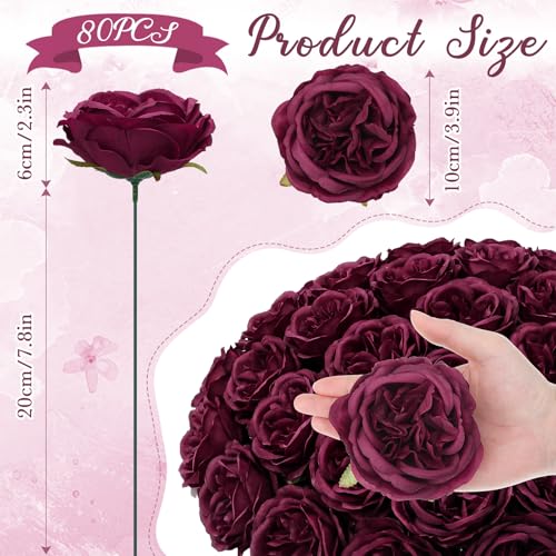 Suncalla 80 Pack Austin Rose Peonies, 3.94 Inch Artificial Flowers Heads Bulk with Stems Leaves for Arrangement Wedding Centerpiece Banquets Party Home Kitchen Decor DIY(Burgundy) - color: Burgundy