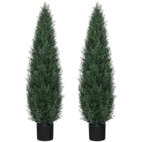 Artificial Cedar Topiary Trees for Outdoors, 4FT UV Resistant Faux Potted Cypress Plants, Set of 2 Realistic Fake Potted Topiary Plants for Home Porch, Garden, and Entryway Decor - size: 4FT (48inch)