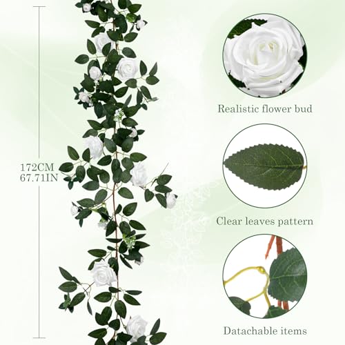 2 Pack 11.2 Ft Artificial Flower Garland with White Roses, Realistic Fake Greenery Vines with 17 Roses Flowers for Wedding Table Centerpieces Arch Party Ceremony Backdrop Decor(White) - color: White