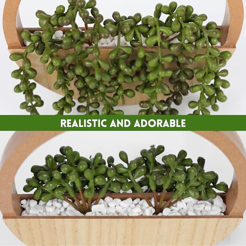 Floweroyal 2pcs Artificial Succulents Hanging Plants 12.2'' Fake String of Pearls in Pot with 8.3'' Lanyard for Indoor Outdoor Wall Decor（Wood Color）. - color: Type1-wood Color-2pcs