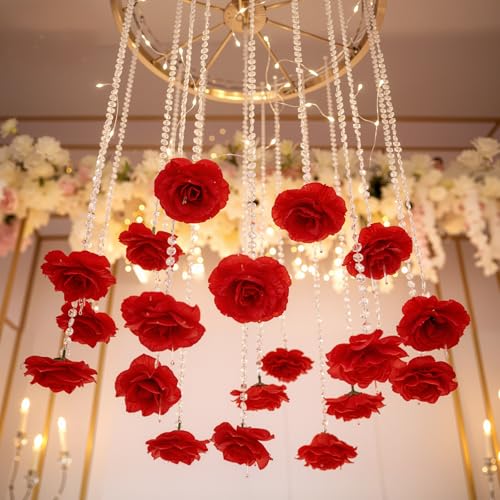 Norme 16pcs 31.4 Inch Red Rose Hanging Garland Crystal Beaded String Garland Artificial Rose Flower Decor for Mother's Day Ceiling Wedding Engagement Bridal Shower Party Decorations - color: Red