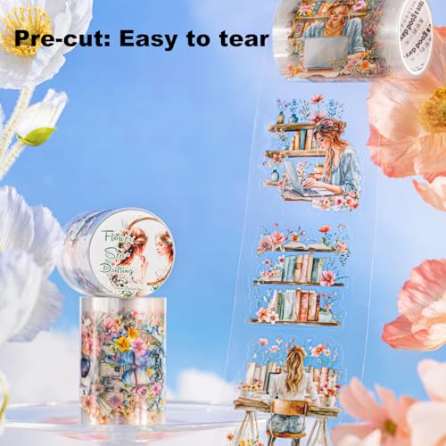 Dreamy Floral PET Tape Set with Clip, 6 Rolls Pre-Cut Vintage Tape for Journaling, Scrapbooking, DIY Crafts, and Planners - color: Meadow Wander