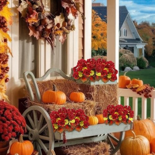 CISDUEO 2 Pcs Fall Flowers Artificial for Decoration Fake Geraniums Red Faux Mums for Outdoor Planters Realistic Faux Fall Flowers Plants for Front Door Porch Autumn Garden Patio Balcony Yard Indoor - color: Fall - Red