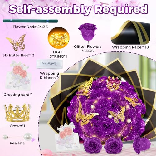 Purple Glitter Roses Bouquet, 24 Pcs Shiny Glitter Flowers Bouquet, Everlasting DIY Artificial Roses Bouquet for Christmas, Birthday, Anniversary, Wedding, Engagement - color: Purple-a, size: 24 PCS