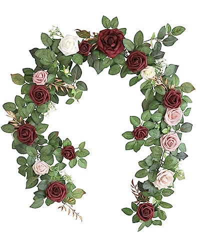Lookein Artificial Rose Flower Garland Greenery Garland 5FT for Wedding Ceremony Backdrop Arch Flowers Table Centerpieces Decorations, Burgundy - color: Burgundy