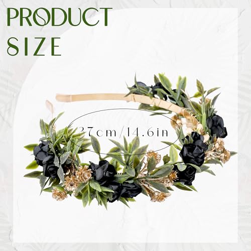 Black Flower Crown Headband, Fairy Dark Floral Headpiece with Gold Leaf, Woodland Elf Gothic Flower Headband for Women Girls Renaissance Renfaire Fantasy Cosplay Party Hair Accessories - color: Black