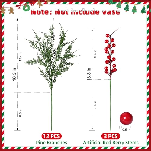 Cedar Stems Artificial Norfolk Pine Branches for Christmas Decor, 12 PCS Fake Pine Stems with 3 PCS Red Berries Branches Realistic Fake Plants Faux Greenery for Vases DIY Garland Xmas Table Indoor - color: 12 Pcs Cedar Stems, 3 Pcs Red Berry Stems
