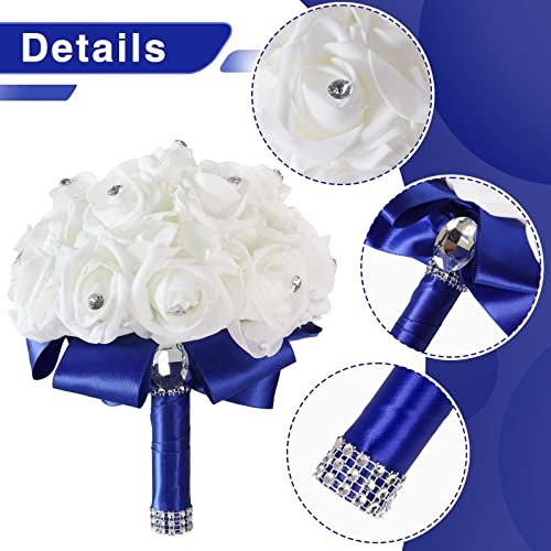 MOJUN Wedding Bouquets Crystal PE Roses Bridal Bridesmaid Wedding Hand Holding Bouquet Artificial Fake Flowers Toss Bouquet, Sapphire - color: Sapphire