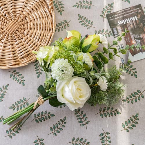 Small Faux Flower Bouquet in White Ceramic Vase (15.75" Tall) - Green & White Artificial Floral Arrangement for Coffee Table Centerpiece, Bathroom & Office Desk Decor - color: Green + Small