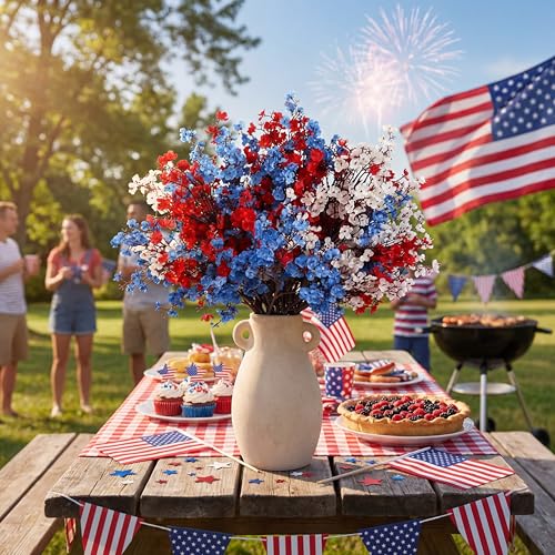 Lyrow 48 Pcs Red Blue White Patriotic Artificial Flowers 4th of July Table Centerpieces Decor Fake Babys Breath Pick Stems Floral Arrangement for 250th Anniversary Veterans Day Home Outdoor