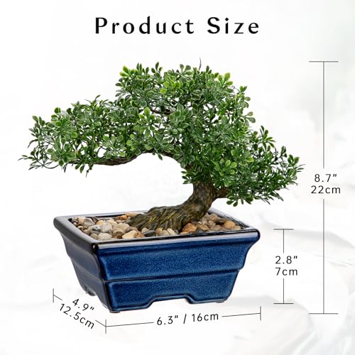Artificial Bonsai Tree Faux Plants Indoor Fake Plants Decor with Blue Square Ceramic Pots for Home Table Office Desk Bathroom Shelf Bedroom Living Room Farmhouse Decorations - style: Ficus- glaze basin