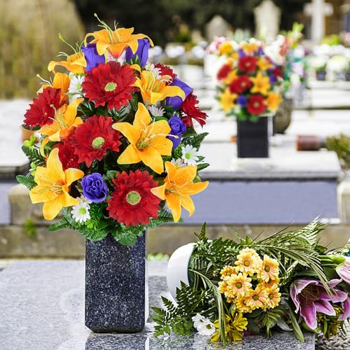XONOR Artificial Cemetery Flower for Graves, Set of 2 Cemetery Memorial Flowers with Vase for Gravesite Outdoor Headstone Tombstone Decorations, Artificial Lily Rose Gerbera Flowers Bouquets - color: Orange