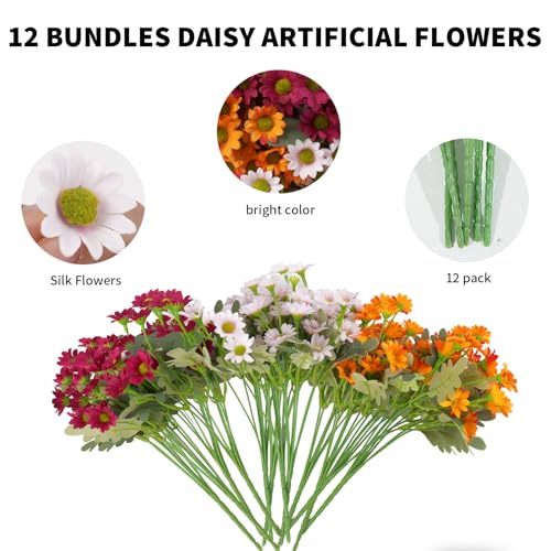 12 Bundles Artificial Daisies Flowers Outdoor Fake Plants White Gerber Daisy Fake Foliage Greenery Faux Plants for Graves Hanging Outside Planter Window Box Wedding Decoration - color: Rose Red