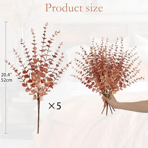 GnFlus 5 Pcs Artificial Eucalyptus Stems Fall Eucalyptus Leaves Autumn Leaf Branches Fall Decorations with Foam Fall Leaves for Home Floral Arrangement Autumn Festival Thanksgiving Decor Red - color: Orange Red