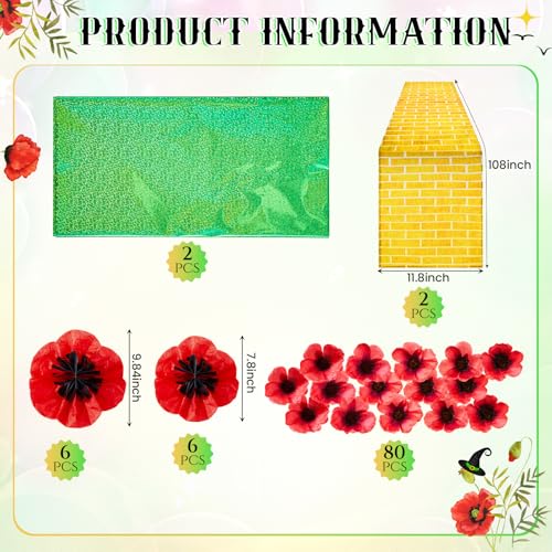 48 Pcs Witch Party Decoration Green Include Holographic Tablecloth and Gold Yellow Brick Table Runner with Artificial Red Poppy Flowers for Witch and Princess Party Supply (Brick) - color: Brick