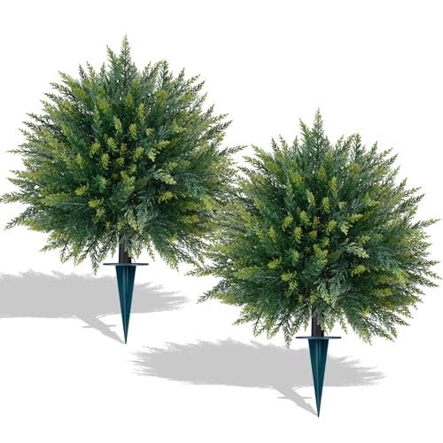 2 Pack Artificial Cedar Topiary Trees with Ground Spike, Fake Pine Shrubs Bushes, UV Resistant Faux Evergreen Cypress Tree Plants for Indoor Outdoor Planters Front Porch - color: Cedar