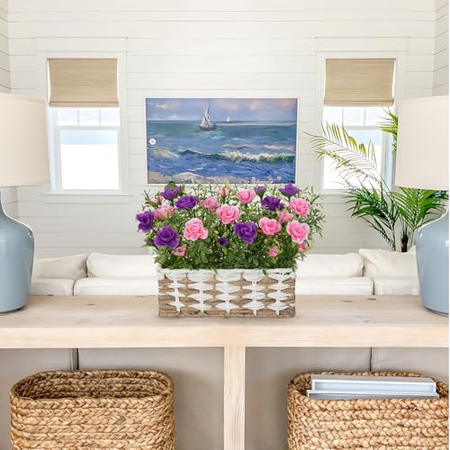 Artificial Rose Flowers with Woven Basket, Faux Blooming Roses in Fake Rattan Planter for Table Centerpiece, Romantic Floral Arrangement for Home Kitchen Entryway Spring Party Decor, Pink & Purple - color: Soft Pink & Purple