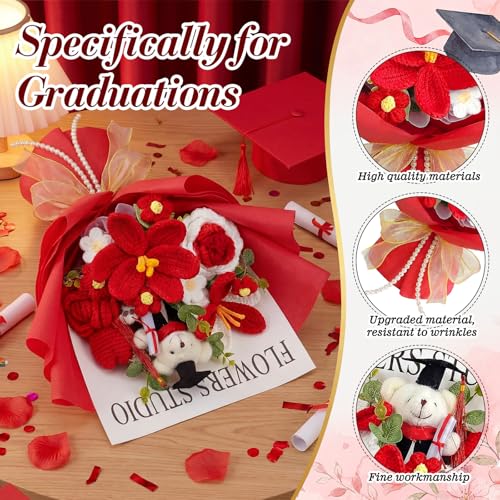 Giegxin Large Graduation Bear Flower Bouquet Set 2026 Crochet Graduation Bouquet Gift Hand Knitted Tulip Daisy Sunflower Rose Bouquets Greeting Card Gift Bag for Wedding Birthday Party Favors(Red) - color: Red