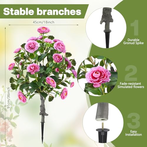 Lunmon 2 Pack 3ft Artificial Camellia Plants Tree 36" Faux Camellia Flower with Spike UV Resistant Realistic Fake Floral Blooming Bush for Indoor Outdoor Front Door Porch Backyard Garden, Purple - color: Purple, size: 3 ft