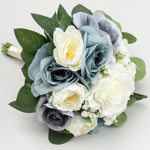 Set of 4 Bridesmaid Bouquets, 11 Inch Wedding Bouquets for Bridesmaids Artificial Flower Bouquets for Wedding Ceremony Bridal Shower Decorations - Dusty Blue & White - color: Dusty Blue & White, size: Set of 4 Bouquets