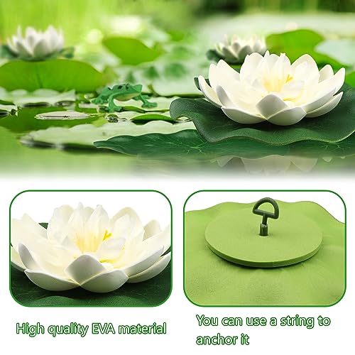 10pcs Artificial Floating Foam Lotus Flowers with Artificial Frog Lotus Leaves, Lily Pads for Lake, Pond Plants Ornaments for Pool Aquarium Water Decoration, White - color: White