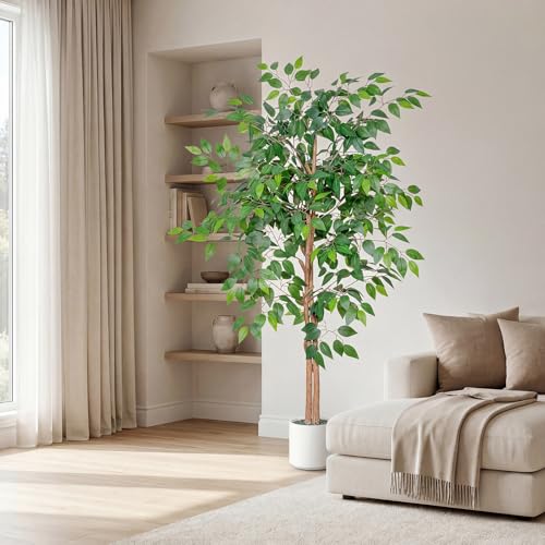 Artificial Ficus Tree 5FT Tall, Faux Ficus Tree Indoor Outdoor, Fake Silk Ficus Plant with Planter, Lifelike Leaves Large Potted Floor Tree for Home Office Living Room Porch Decor - size: 5ft