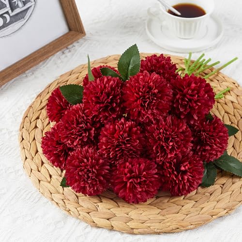 SITUMEIZI 12 Pcs Burgundy Flower Artificial Chrysanthemums Flowers Ball Flower Fake Mums Silk for Halloween Thanksgiving Day Fall Wedding Home Decoration Floral Arrangement - color: Burgundy, size: 12 Pieces